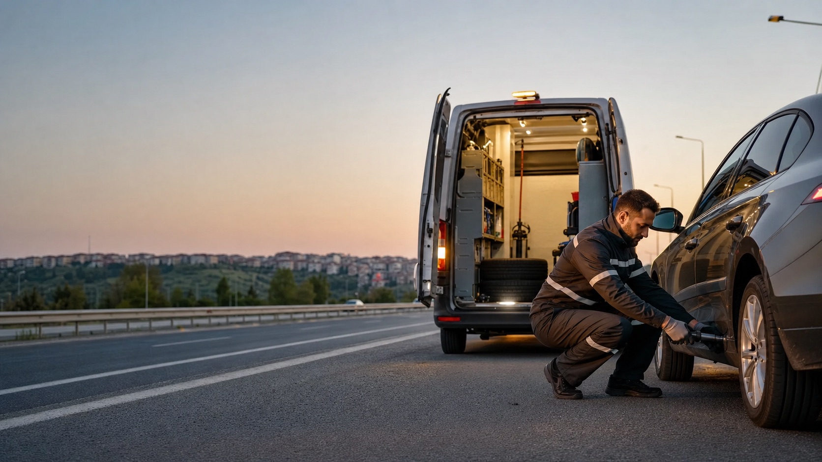 Yol kenarında lastik desteği veren servis aracı